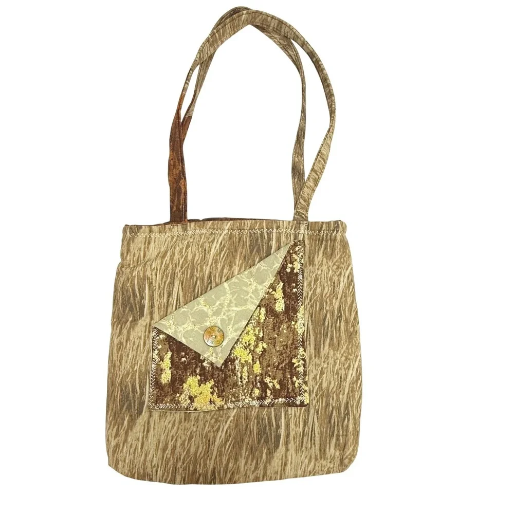 Handcrafted Tote Bag Small Brown Gold Patchwork Artisan Earthy Boho Handmade‎